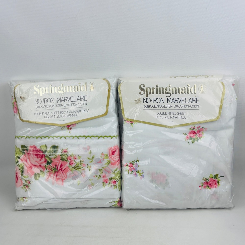 Vintage Springmaid Prelude Double Flat Fitted Sheet Set Floral Rose Pink White